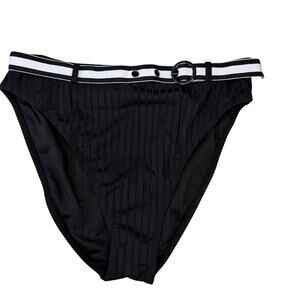 Ambrielle Black Ribbed Belted High Waist Bikini Bottoms Large